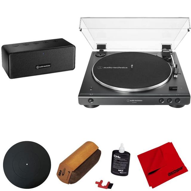 Audio-Technica AT-LP60XSPBT Automatic Wireless Turntable and Speaker System, Black Bundle with Deco Gear 12" Turntable Platter Mat, Vinyl Record Cleaning Fluid System with Brush and Microfiber Cloth
