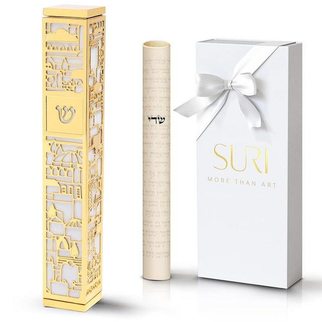 Mezuzah for Door with Jerusalem Design | Contemporary 5-Inch Silver and Gold Jewish Mezuzah Style | Includes Mezuzah Adhesive for Easy Installation - Gift Box and non-kosher Scroll Included
