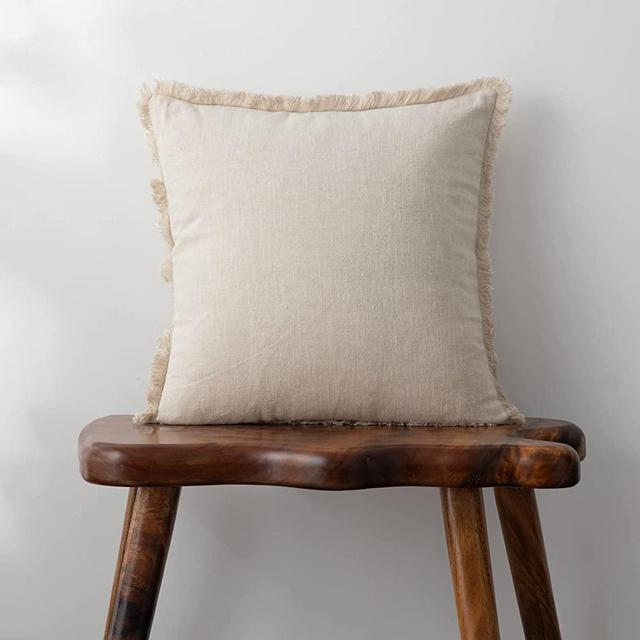 Linen Fringed Throw Pillow Cover - Soft Cozy Boho Cushion Covers with Tassel for Couch Sofa Farmhouse Natural Decor Burlap Pillowcase, Beige 18x18 inches