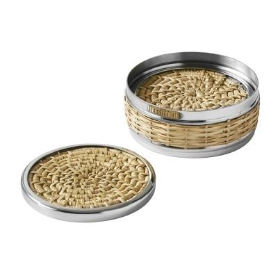 AERIN Woven & Silver Coasters with Holder, Set of 4