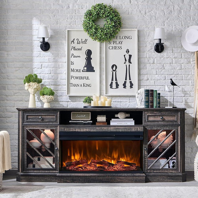 OKD 3-Sided Fireplace TV Stand for TVs up to 85'',Farmhouse Highboy Entertainment Center with 36" Fireplace & LED Lights-Dark Rustic Oak