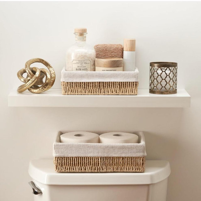Beautiful Toilet Paper Storage Basket Set of 2 – Decorative Wicker Bathroom Organizer for Toilet Tank Trays - Quality Holder Bin for Shelves Fits Perfectly with Any Bathroom Decor