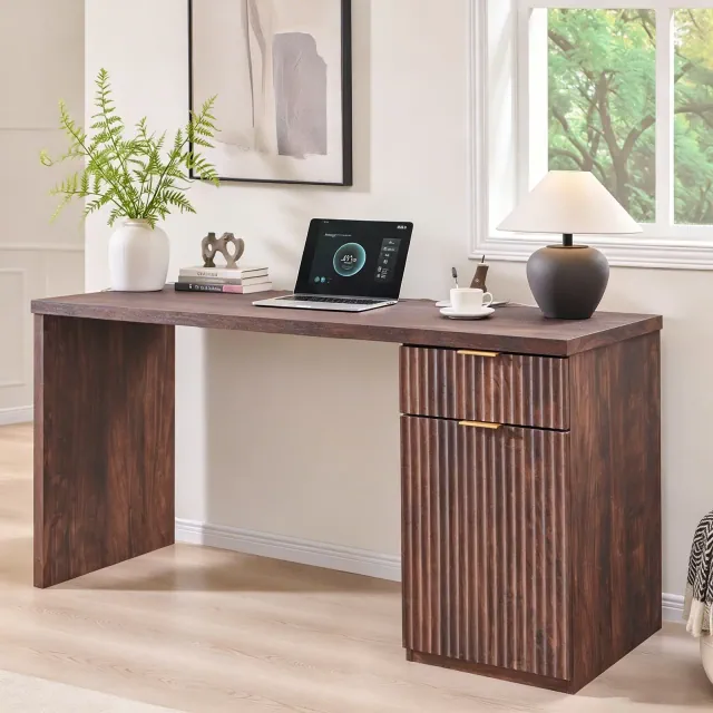 60" Executive Desk, Wood Modern Home Office Desk with Drawer & Cabinet, Fluted Computer Writing Desk for Living Room, Bedroom, Dark Walnut
