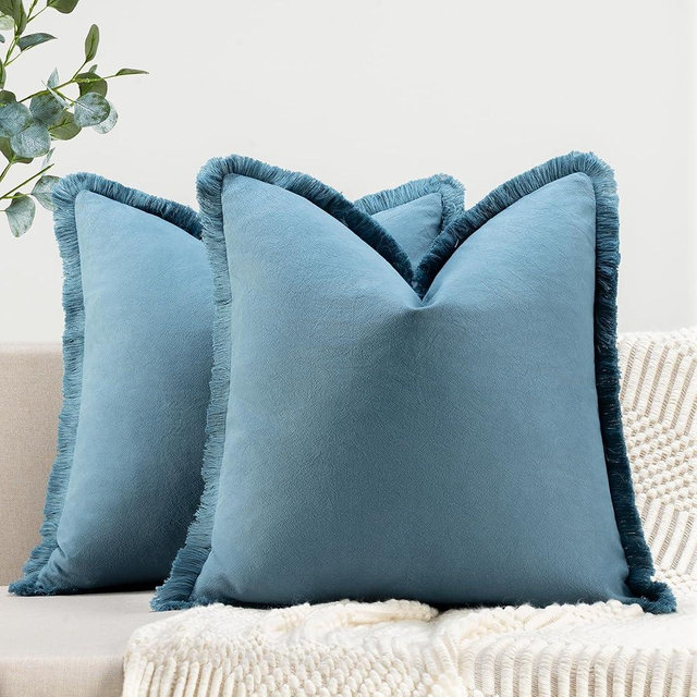 ZWJD Pillow Covers 20x20 Set of 2 Blue Throw Pillow Covers with Fringe Chic Cotton Decorative Pillows Square Cushion Covers for Sofa Couch Bed Living Room Farmhouse Boho Decor