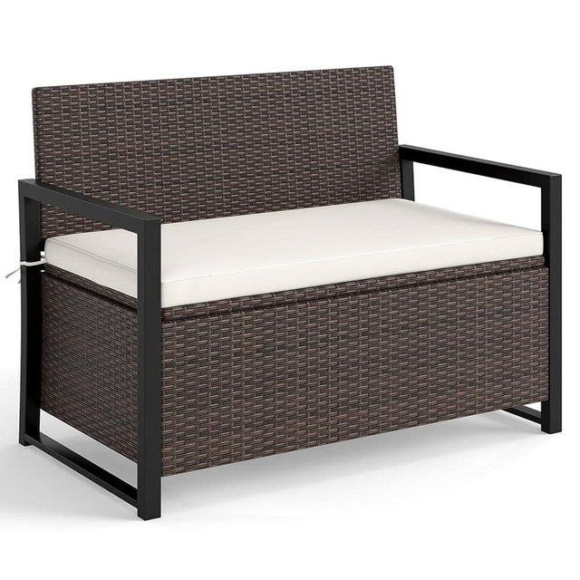 Tangkula 40 Gallon Outdoor Bench with Storage, Patio Wicker Storage Bench with Cushion, Cover, Metal Frame, Deck Box Seat for Backyard, Poolside, Balcony, Garden