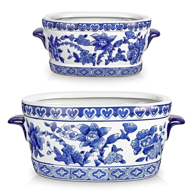 Blue and White Ceramic Planter Pot – Vintage Floral Oval Cachepot Vase for Indoor Plants, Flowers & Succulents – Glazed Chinese Porcelain Style Decorative Bowl – 7.4" or 10.6" Size – No Drainage