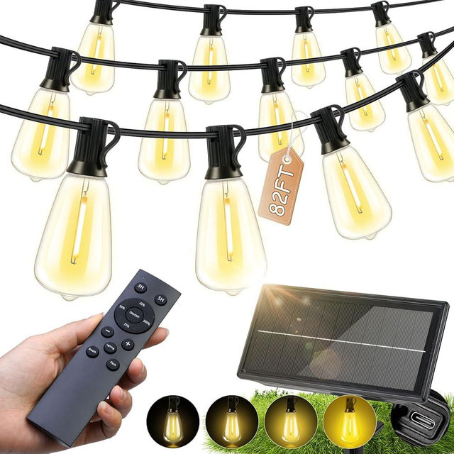 FUANXIEI Solar Lights Outdoor Waterproof: ST38 82FT 25M Shatterproof Bulbs Patio Lights - Solar Powered & USB Charging- Remote Control 3 Light Modes Dimmable Solar Light - Camping Backyard Garden