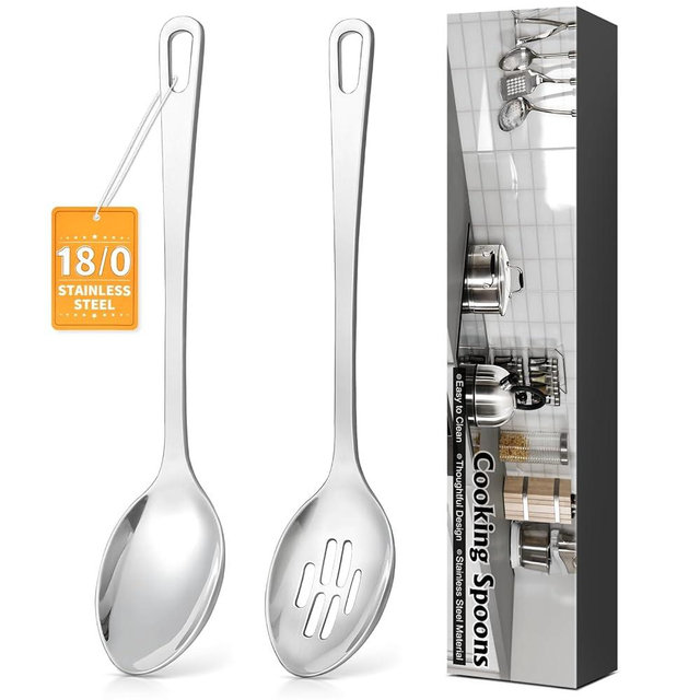 2 Pcs Stainless Steel Cooking Spoons Set, Solid & Slotted Metal Serving Spoons, Heavy Duty Sturdy Large Soup Ladle, High Heat Resistant Kitchen Cooking Utensils for Mixing, Stirring, Easy to Clean