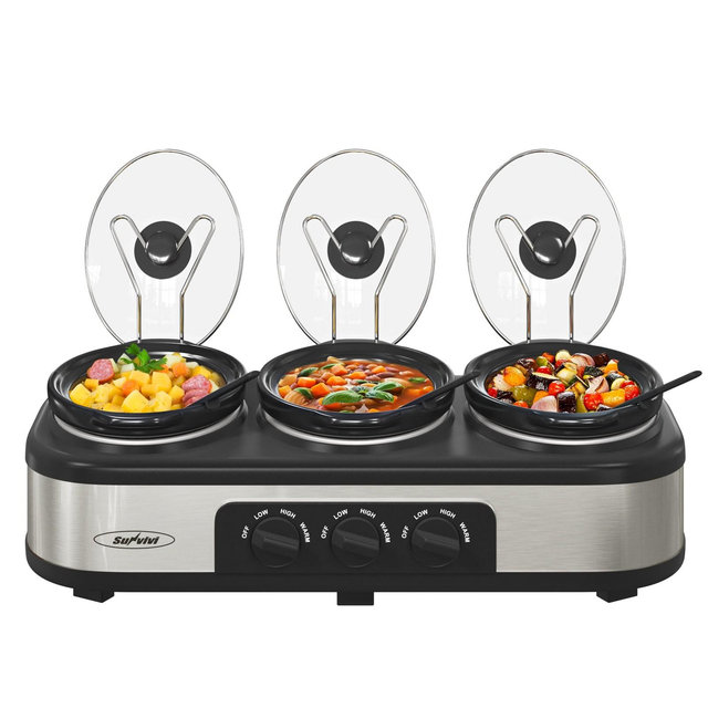 Heynemo Triple Slow Cooker with 3 Spoons, 3 Pot 1.5 Quart Oval Crock Food Warmer Buffet Server, Stainless Steel, Silver