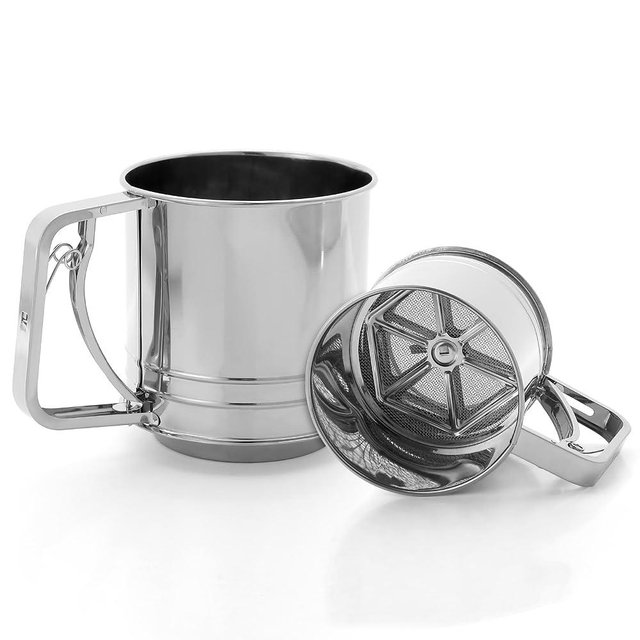 Chefs Path Flour Sifter for Baking - Triple Layer Stainless Steel Fine Mesh Strainer with Handle, 4-Cup Capacity Sieve with Squeeze Mechanism Sift for Flour, Powdered Sugar, Cocoa Powder, Baking Soda