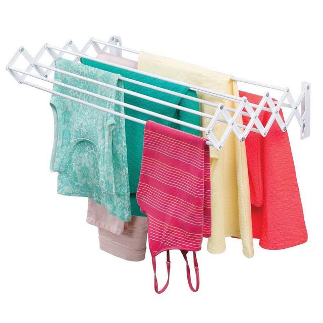 mDesign Metal Wall Mount Accordion Expandable Retractable Clothes Air Drying Rack - 8 Bars for Hanging Garments - Great for Laundry Room, Bathroom, Utility Area - Compact Fold Away - White