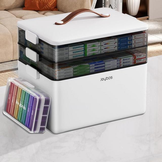 O-MART 3-Tier Medicine Cabinet Organizer with Leather Handle, Empty Plastic First Aid Kit, Multipurpose Storage Box with A Portable Weekly Pill Organizer for Family Emergencies, Home, Travel, White