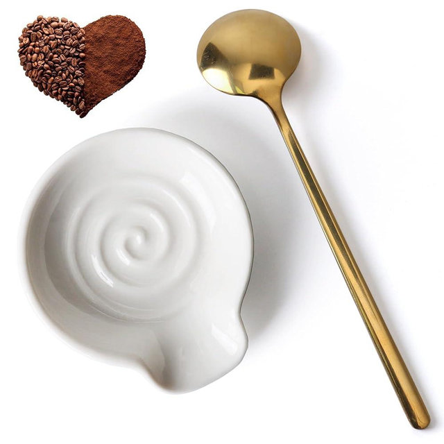 Coffee Spoon Rest for Coffe Bar Accessories, Ceramic Spoon Holder for Coffee Station, Small Spoon Rest for Kitchen Counter, Cute Coffee Bar & Corner Space Decor (Comes with Gold Coffee Spoon)