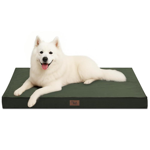 Tail Stories Outdoor Large Dog Bed, Waterproof Dog Bed for Large Dogs, Egg Crate Foam Pet Bed with Removable Washable Oxford Cooling Cover, Dark Green