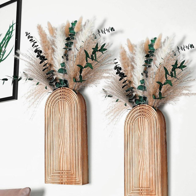 Set of 2 Wooden Vases with Pampas Grass and Eucalyptus – Boho Decor for Living Room, Modern Farmhouse Entryway or Bathroom, Rustic Art for Home Decoration