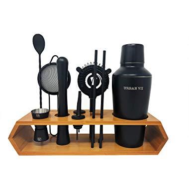 Cocktail Shaker Set & Bartender Kit by URBAN VII: 12-Piece Premium Black Matte Bar Kit Set with Bamboo Stand. Includes Muddler, Jigger, 2 Strainers, Bar Spoon, 2 Pourers, Ice Tong, 2 Reusable Straws
