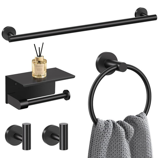 5-Piece Towel Bar Set Black Bathroom Hardware Accessories Set Upgraded Toilet Paper Holder with Shelf Towel Holder Set for Bathroom Stainless Steel Wall Mounted
