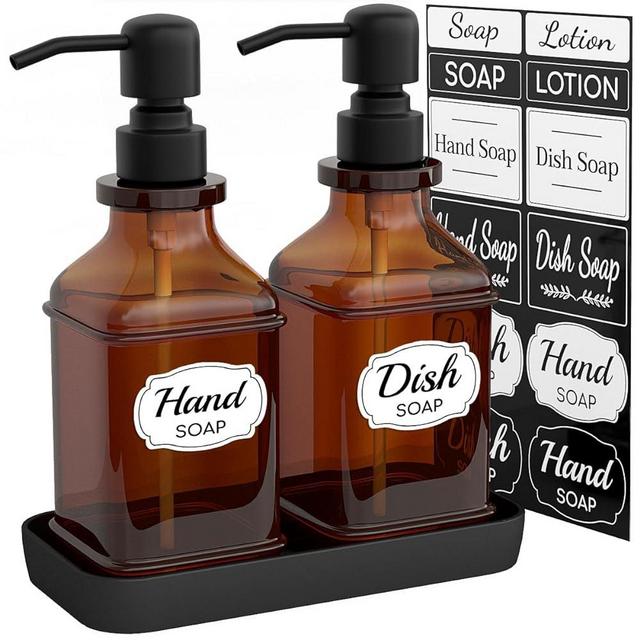 LMQML Soap Dispenser - 2 Pack, Antique Design Thick Amber Glass Hand Soap Dispensers with Sturdy Tray; 304 Rust Proof Stainless Steel Black Pump, 12Pcs Stickers, for Kitchen, Bathroom- Black