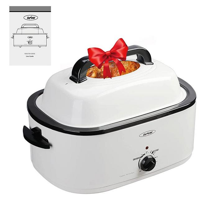 28lb 24-quart Roaster Oven, Electric Roaster Oven with Viewing Lid, Sunvivi Turkey Roaster with Unique Defrost/Warm Function, Large Roaster with with Removable Pan & Rack , Stainless Steel, White