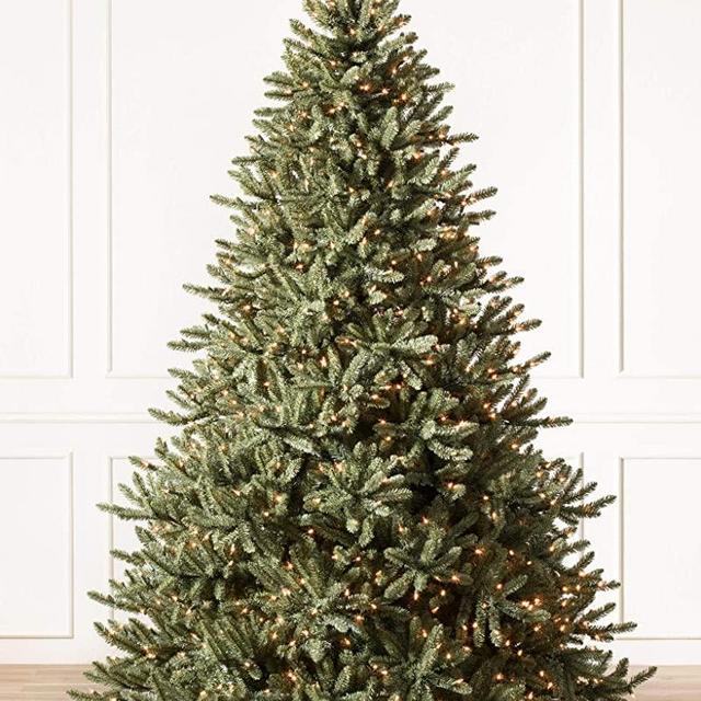 Balsam Hill 7ft Premium Pre-Lit Artificial Christmas Tree Classic Blue Spruce with Clear LED Lights, Storage Bag, and Fluffing Gloves