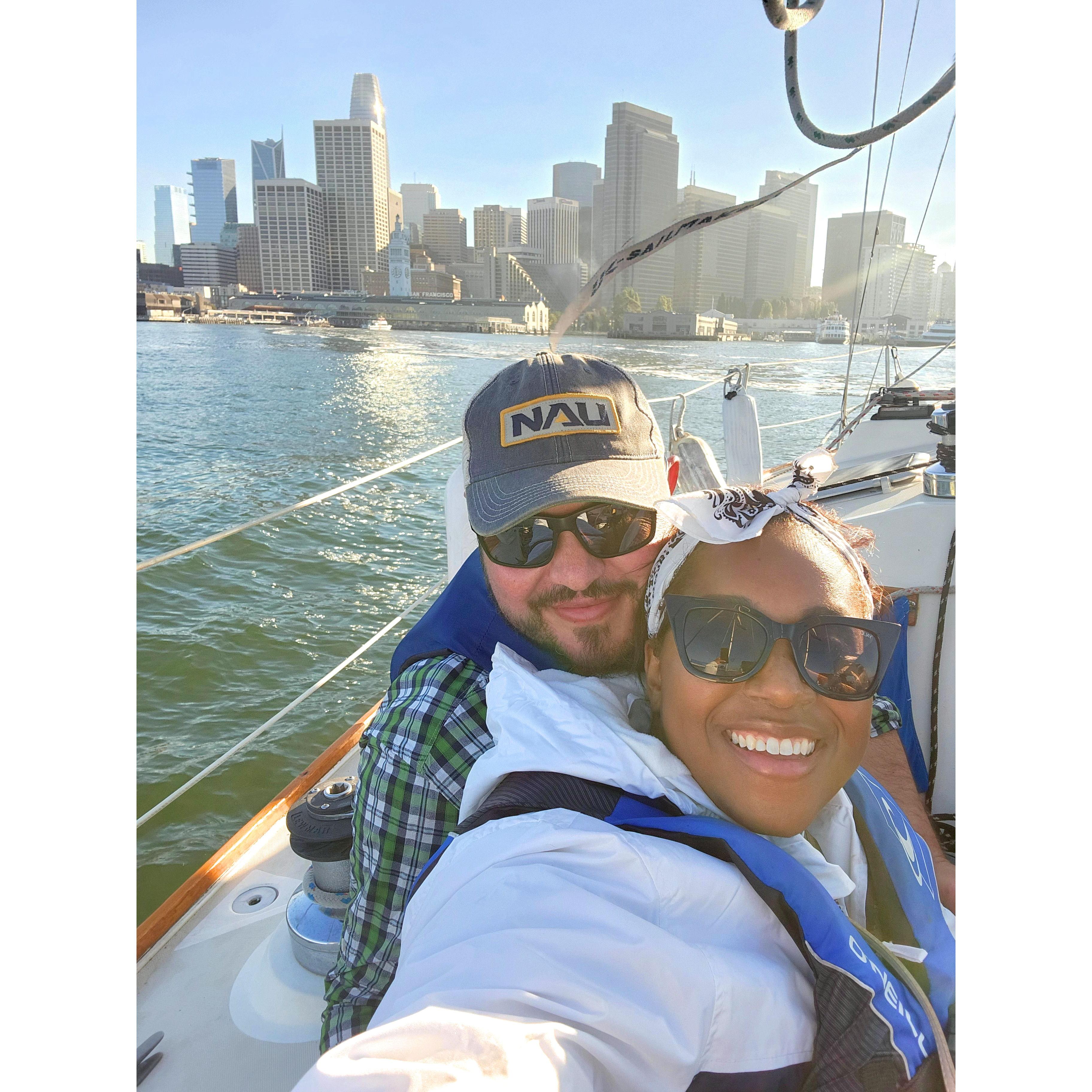 Lucas and Amira on a boat in the San Francisco Bay -- Ahoy matey!