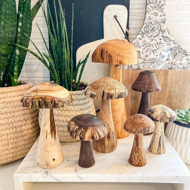 Wood Mushroom Statue Hand Carved Toadstool...