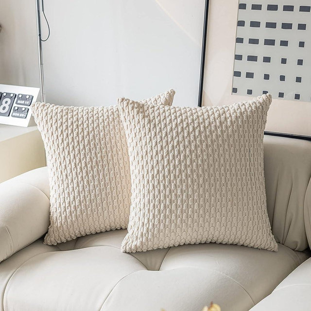 Kevin Textile Set of 2 Decorative Pillow Cover Solid Striped Corduroy Plush Velvet Cushion Cover for Couch, 50cm, 20 x 20 Inch, Cream