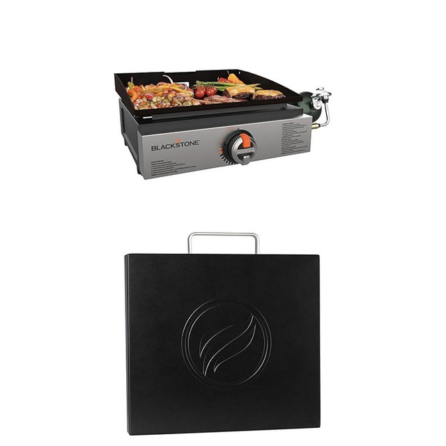 Blackstone 1971 Original 17” Tabletop Griddle with Stainless Steel Front Plate with Hard Cover, Powder Coated Steel, Black