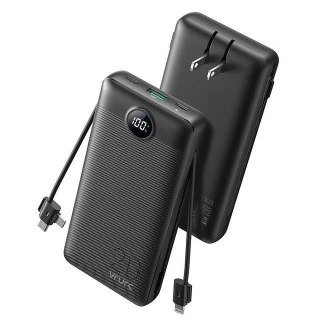 VRURC Portable Charger 20000mAh, Fast Charging Power Bank USB C,4 Output 2 Input Charging Bank Equipped with LED Display,Built-in Wall Plug and Cables,Cell Phone Replacement Battery,Black