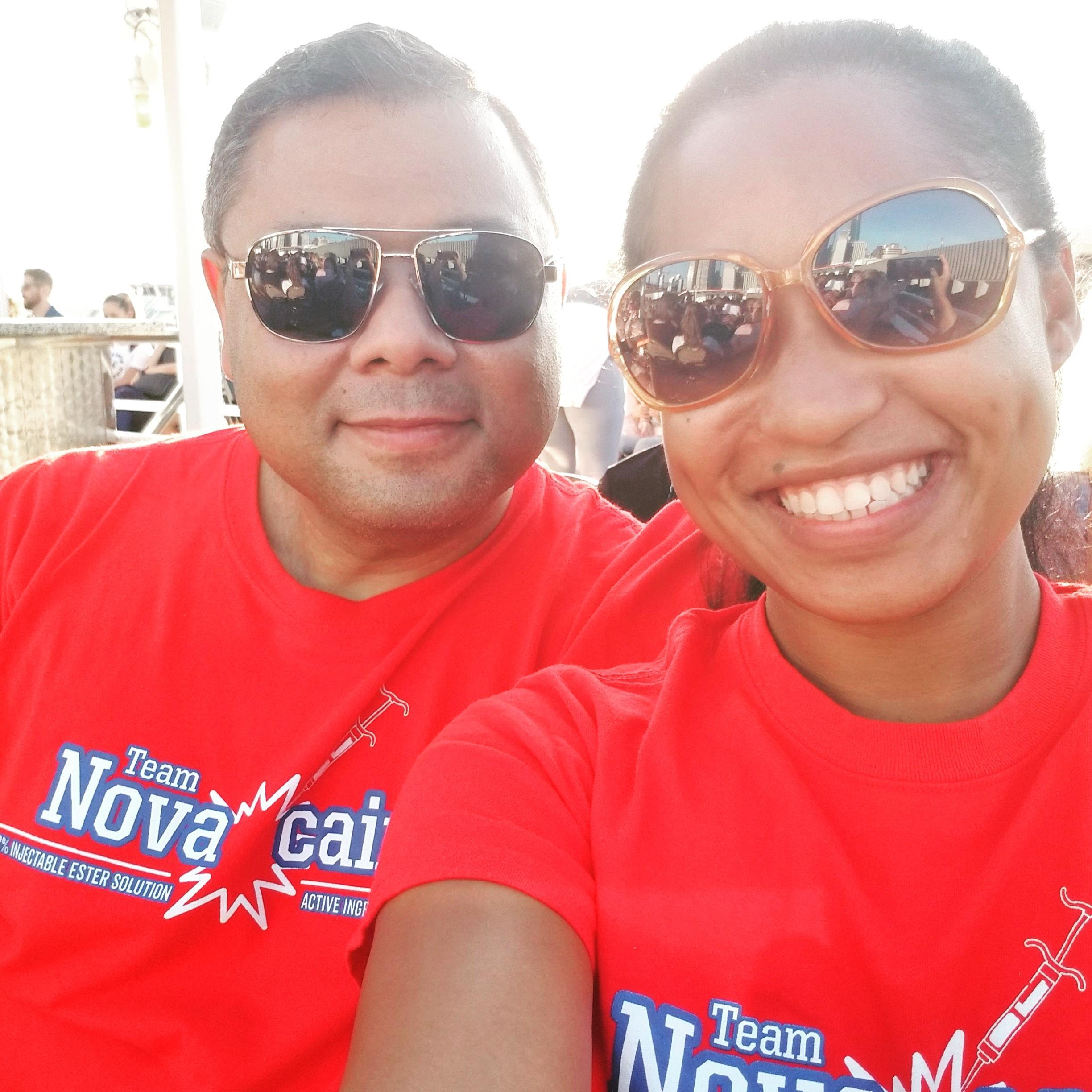Matching shirts on a boat tour around Manhattan.