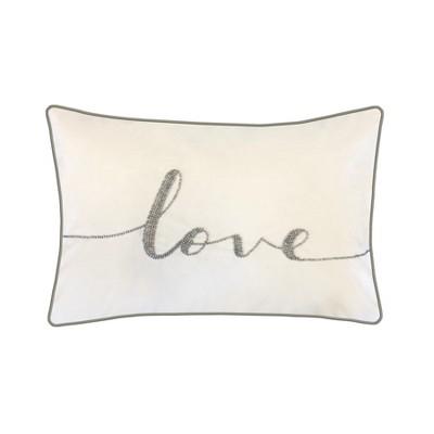 "LOVE" Beaded Poly Velvet Lumbar Throw Pillow Ivory - Edie@Home
