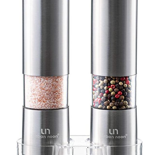Premium Salt and Pepper Grinder Set - Tall Stainless Steel Grinders Refillable with Tray in Luxurious Gift-Box - Mill with Ceramic Grinder and Adjustable Coarseness - Manual Grinder