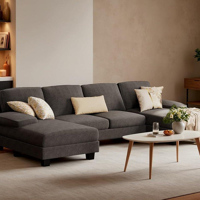 Furniwell Convertible Sectional Sofa Couch, 4 Seat Sofa Set for Living Room U-Shaped Modern Fabric Modular Sofa Sleeper with Double Chaise & Memory Foam (Corduroy, Deep Grey)