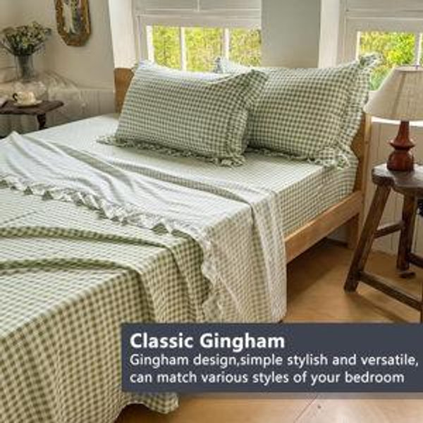 NSNLGSGC Green Gingham Ruffle Queen Sheet Set, Taupe Soft Pre-Washed Microfiber Plaid Queen Bed Sheets, 4-Pieces Farmhouse Sheet Set with Deep Pocket