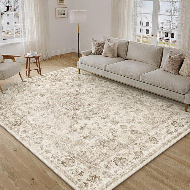 WondRg 6x9 Washable Neutral Area Rug Beige Vintage Living Room Bedroom Carpet Non-Slip Soft Medium Pile Floral Indoor Throw Rug for Dining Room Entryway Office