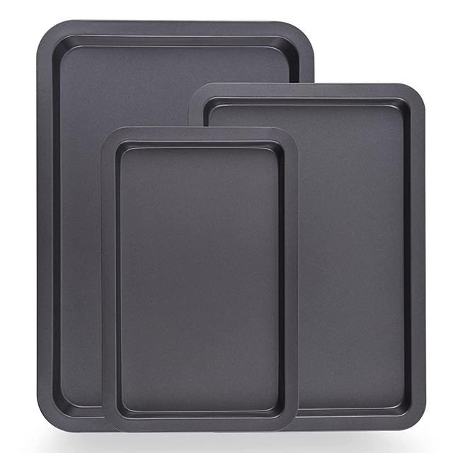 3-Pc. Nonstick Cookie Sheet Pans - PFOAm PFOSm PTFE-Free, Professional Quality Kitchen Cooking Non-Stick Baking Trays w/ Black Coating Inside & Outside