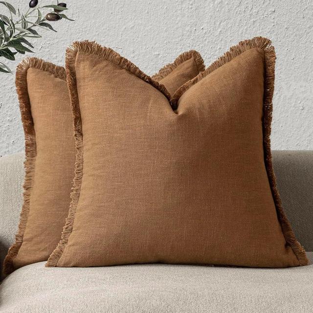 Foindtower Set of 2 Decorative Linen Fringe Throw Pillow Covers Boho Farmhouse Cushion Cover with Tassels Soft Accent Pillowcase for Couch Sofa Bed Living Room Home Decor,24×24 Inch,Orange Brown