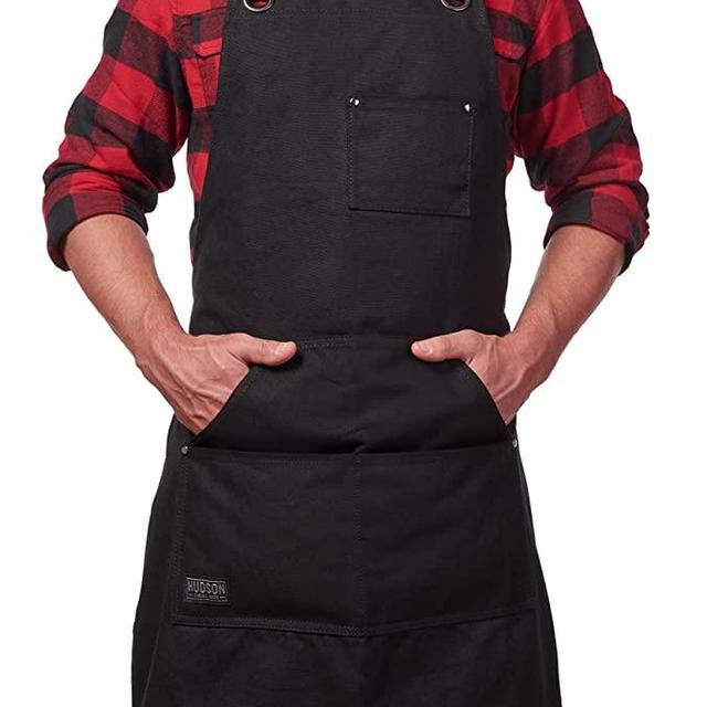 Hudson Durable Goods - Heavy Duty Waxed Canvas Work Apron with Tool Pockets (Black), Cross-Back Straps & Adjustable M to XXL