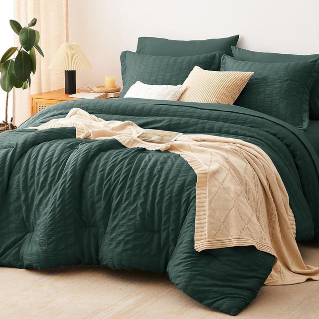CozyLux King Size Comforter Set Forest Green Seersucker 7 Pieces Bed in a Bag King Comforter Set with Sheets, Luxury Soft Bedding Sets with Down Alternative Comforter, Sheets, Pillowcases & Shams