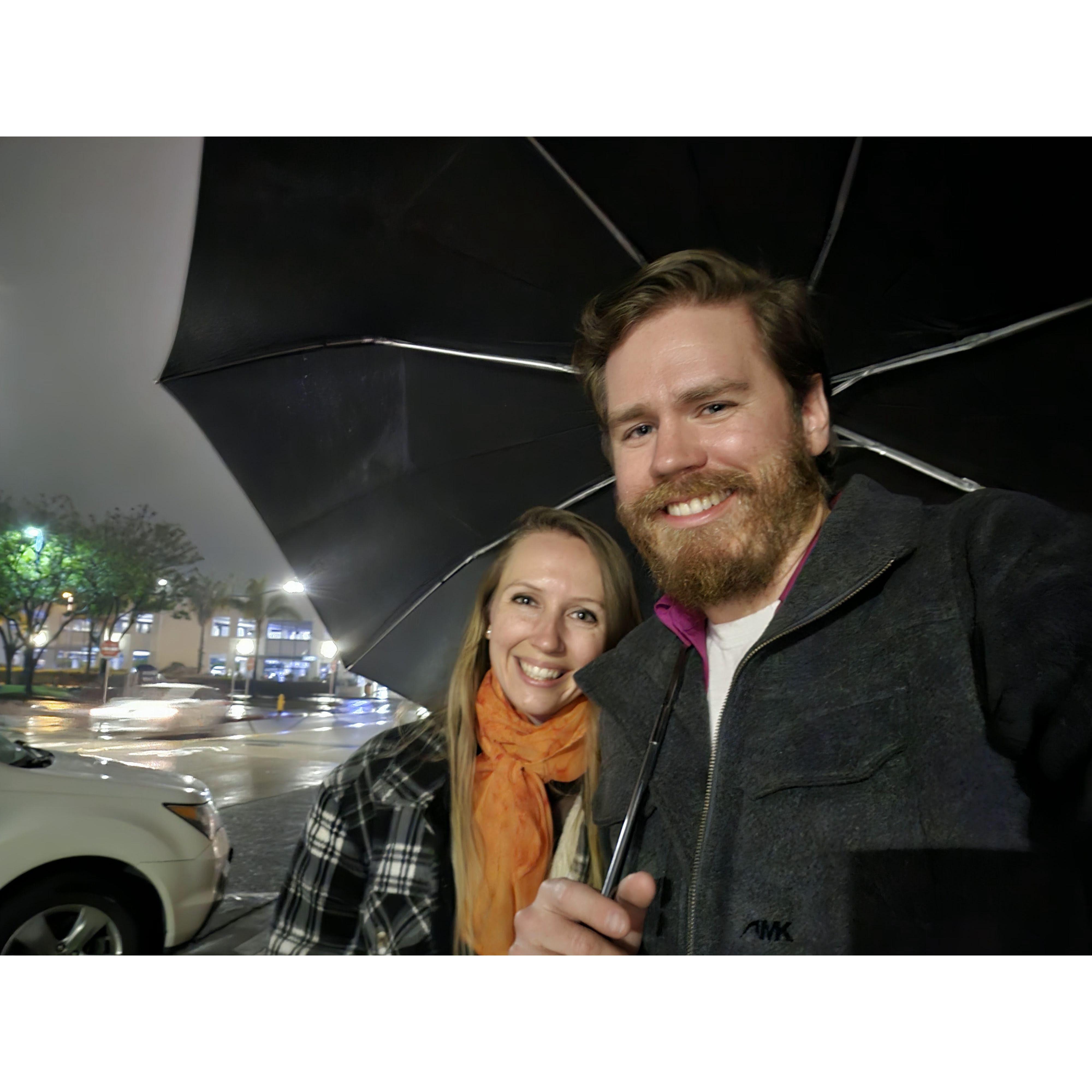 Sierra: Nooooo, it's raining! 

Stephen: I gotchu! *Pops open umbrella* Ah, now we can be cute together. Well, this is romantic. 

(Sierra almost slipped in a puddle).