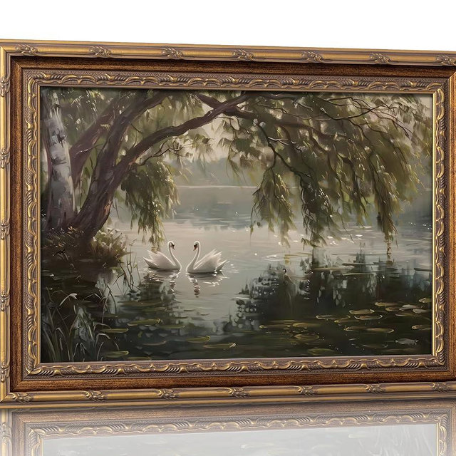 Vintage Gold Framed Landscape Wall Art Vintage River Painting Canvas Prints Landscape Wall Decor Countryside Swan Painting Style Poster Print Artwork for Living Room Bedroom Home Decoration