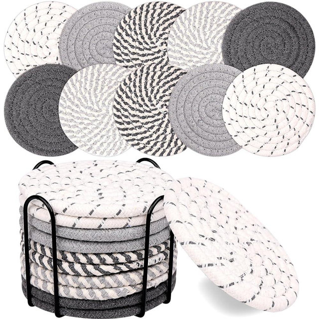 Mckanti 10 Pcs Drink Coasters with Holder, 5 Colors Absorbent Coasters for Drinks, Minimalist Boho Coasters Cotton Woven Coaster Set for Home Decor Tabletop Protection Suitable for Kinds of Cups