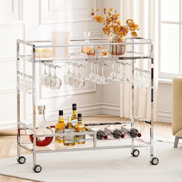 Esucllc Bar Cart, Home Bar Serving Cart on Lockable Wheels, 2-Tier Rolling Cart with Tempered Glass Shelves Guardrail Wine Rack, Modern Wine Cart for Home Kitchen Dining Living Room, Silver