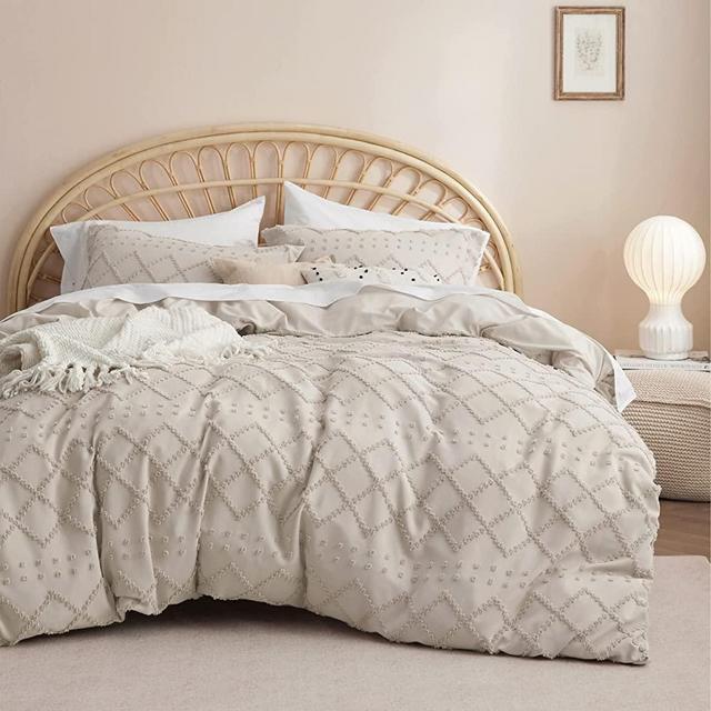 Bedsure Boho Duvet Cover Queen - Boho Bedding, Tufted Queen Duvet Cover for All Seasons, 3 Pieces Embroidery Shabby Chic Home Bedding Duvet Cover Set (Beige, Queen, 90x90)