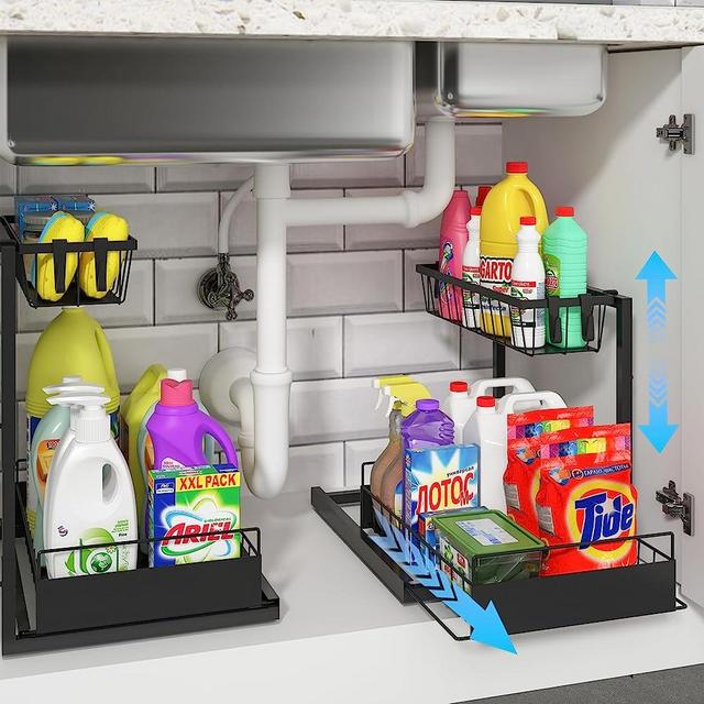 REALINN Under Sink Organizer, 2 Pack Height Adjustable Kitchen Organizers and Storage, 2 Tier Pull Out Sliding Cabinet Organizer, Multi-Use for Kitchen Bathroom Cabinet