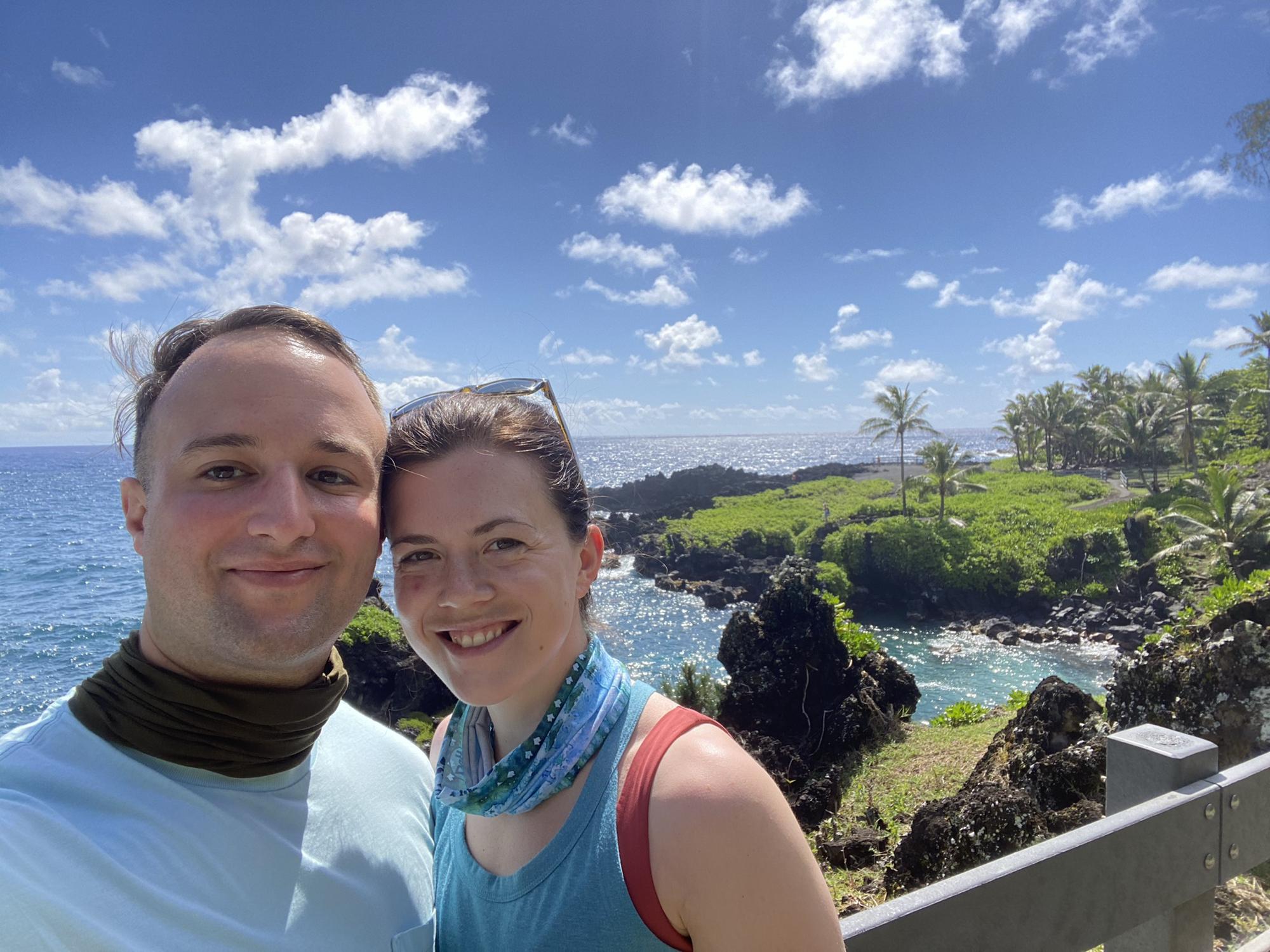 Enjoying the black sand beaches in Hana, Maui (don’t ask Pete about the Road to Hana)!