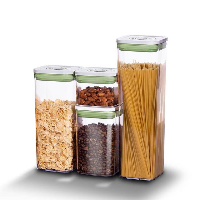 linoroso Set of 4 Pop Airtight Food Storage Containers with Date Recording Lids, Stackable Plastic Kitchen Storage Containers, Dry Cereal Container Set for Pantry Countertop Fridge Organization