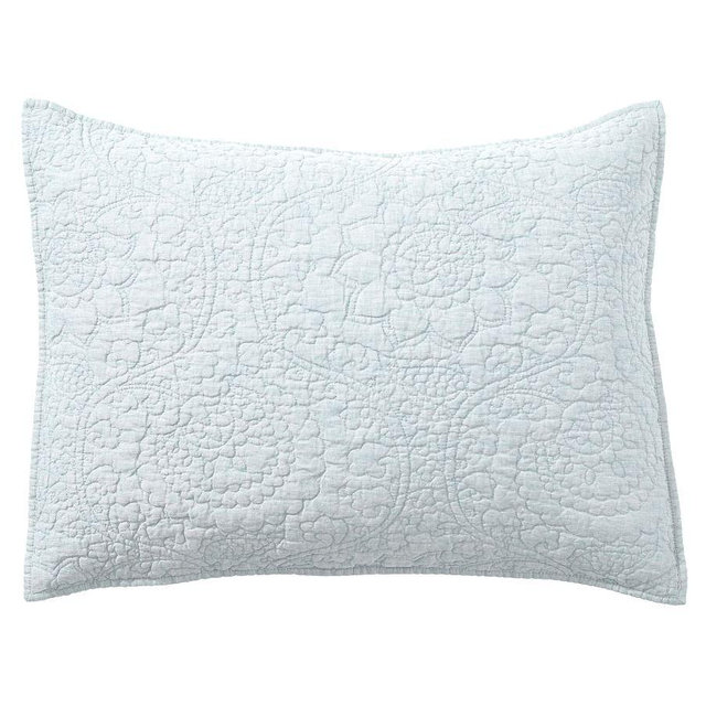 Blue Frost Belgian Flax Linen Floral Stitch Standard Shams, Set of 3