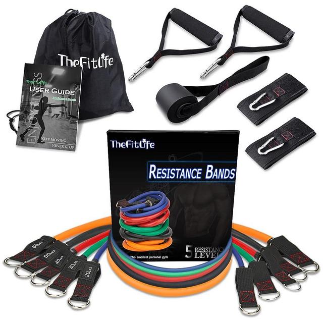 TheFitLife Exercise Resistance Bands with Handles - 5 Fitness Workout Bands Stackable up to 110/150/200/250/300 lbs, Training Tubes with Large Handles, Ankle Straps, Door Anchor, Carry Bag