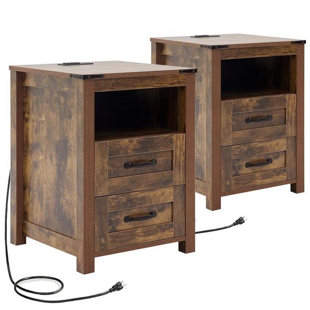 Farmhouse Nightstand Set of 2, Rustic Brown Bedside Table with Drawers, Night Stand for Bedroom, End Tables with Charging Station, Wood Bedside Cabinet Dresser
